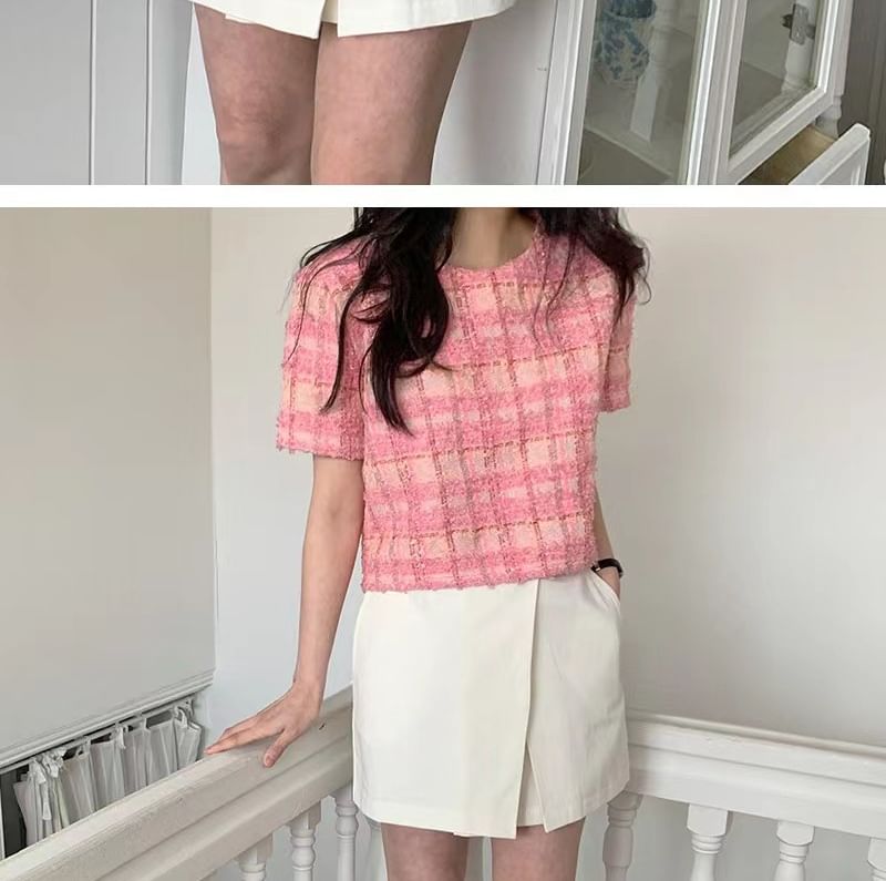 Short-Sleeve Crewneck Plaid Knit Top