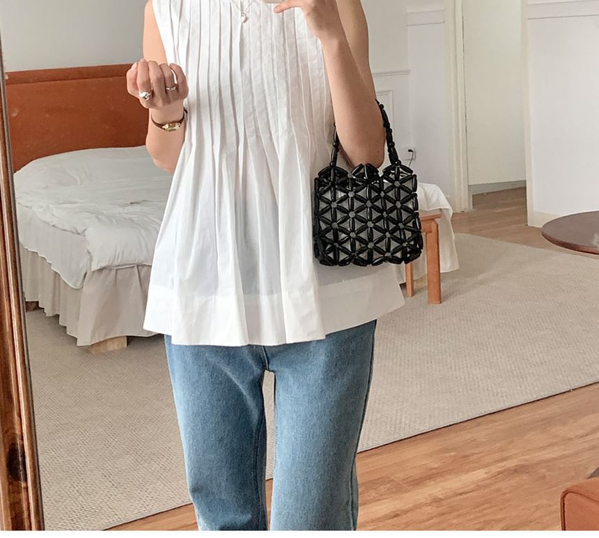 Sleeveless Crewneck Pleated Plain Flowy Blouse