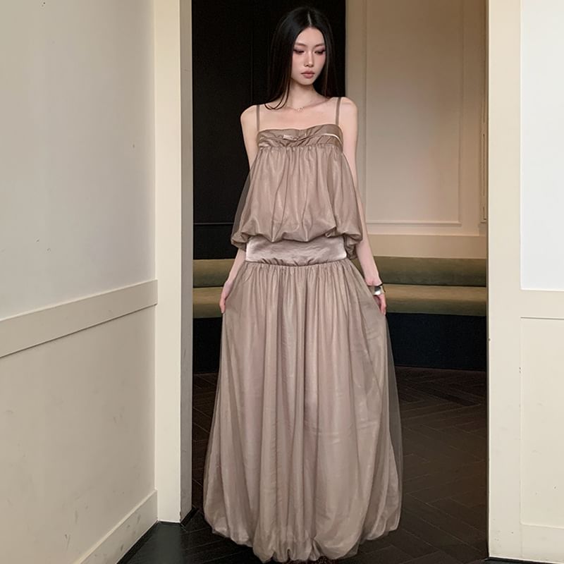Mesh Panel Crop Camisole Top / High Waist Maxi A-Line Skirt
