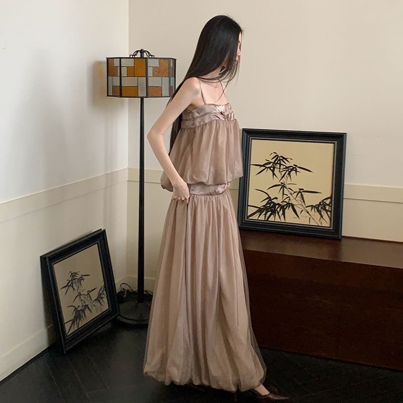 Mesh Panel Crop Camisole Top / High Waist Maxi A-Line Skirt
