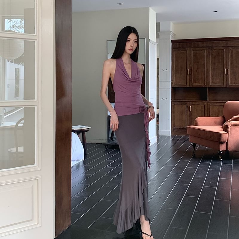 Sleeveless Draped Plain Top / Mid Waist Asymmetrical Maxi A-Line Skirt