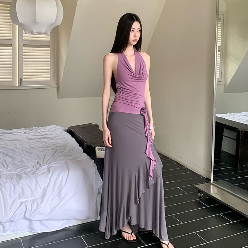 Sleeveless Draped Plain Top / Mid Waist Asymmetrical Maxi A-Line Skirt