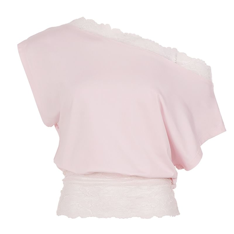 Cold Shoulder Lace-Trim Slim Crop Short Sleeve Top