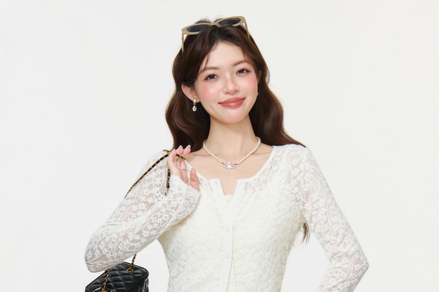 Sheer Lace Button-Front Cardigan with Cami
