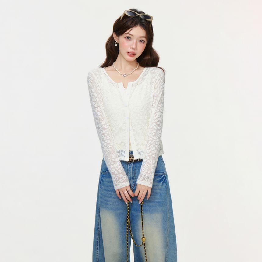 Sheer Lace Button-Front Cardigan with Cami