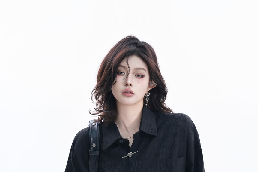 Elbow-Sleeve Collared Button-Up Shirt
