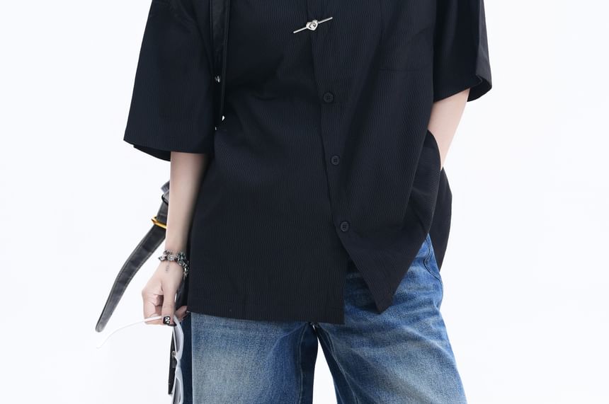 Elbow-Sleeve Collared Button-Up Shirt