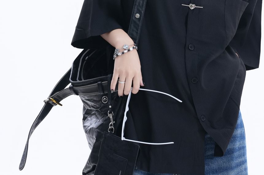 Elbow-Sleeve Collared Button-Up Shirt