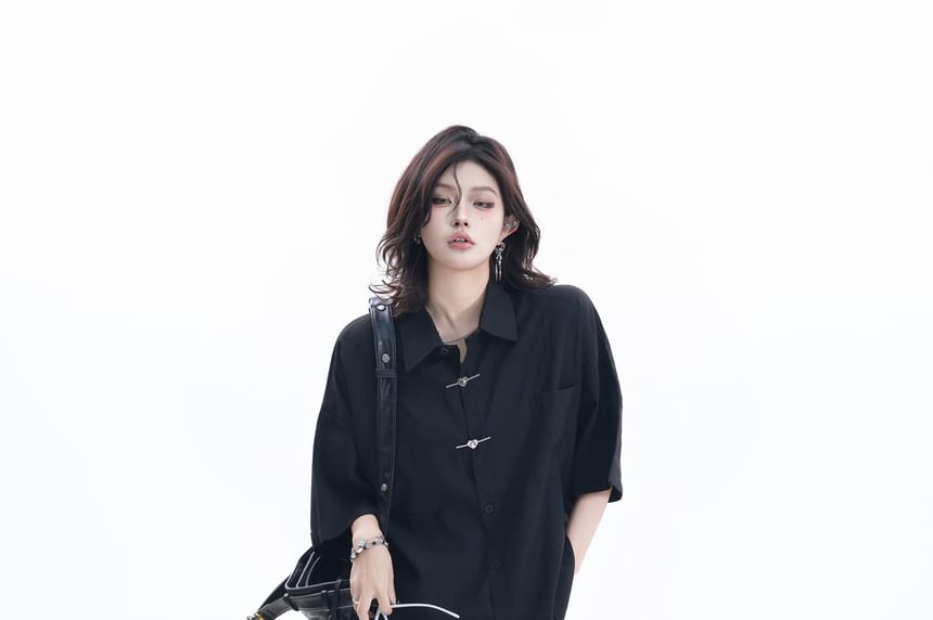 Elbow-Sleeve Collared Button-Up Shirt