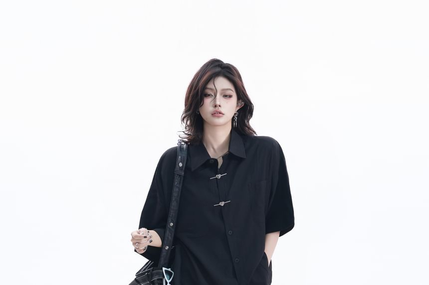 Elbow-Sleeve Collared Button-Up Shirt
