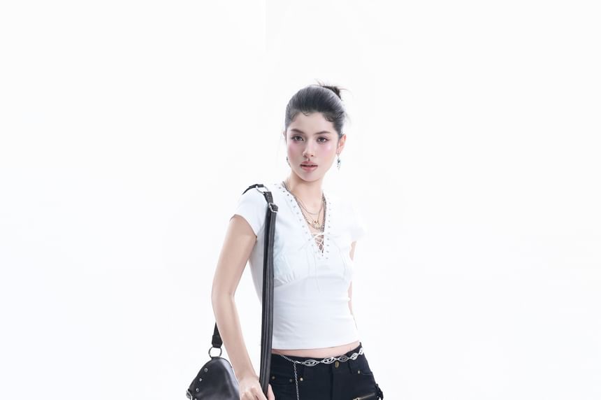 Cap-Sleeve V-Neck Lace Up Crop T-Shirt