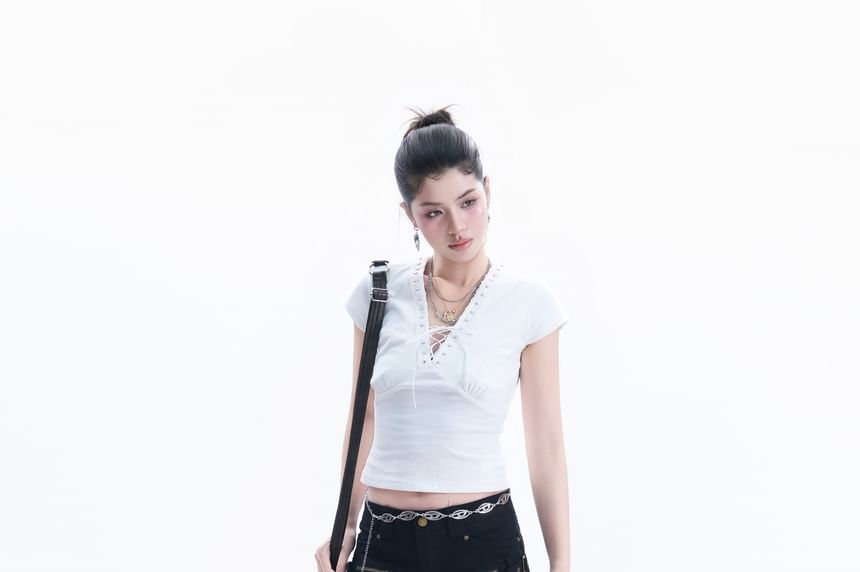 Cap-Sleeve V-Neck Lace Up Crop T-Shirt