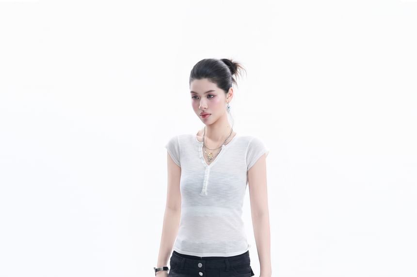 Henley Neck Short-Sleeve Crop T-Shirt
