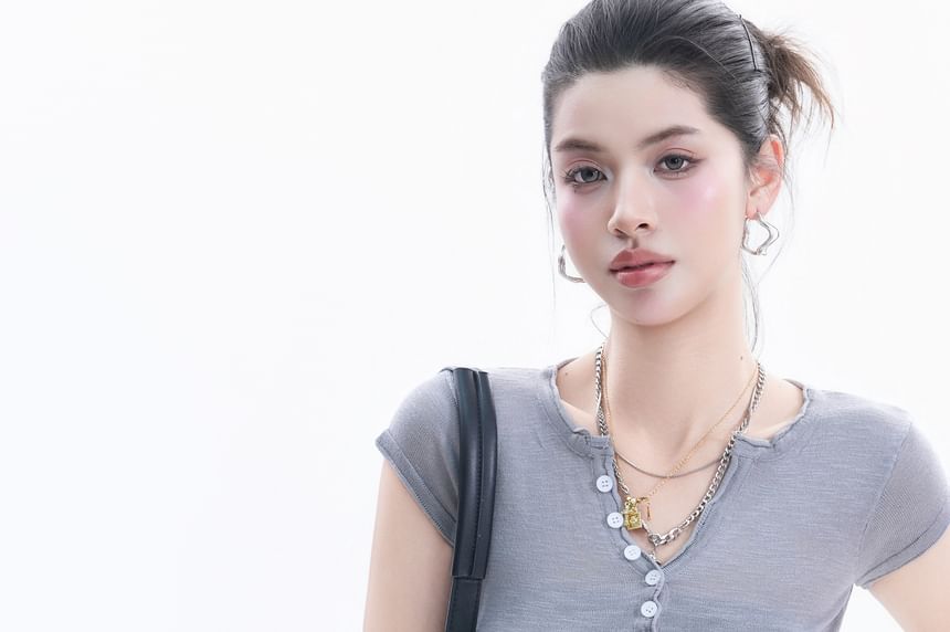 Henley Neck Short-Sleeve Crop T-Shirt
