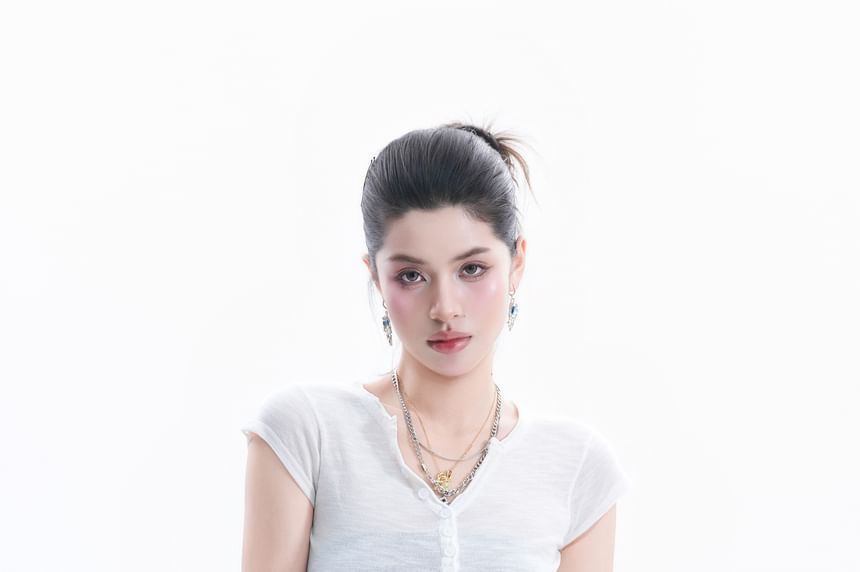 Henley Neck Short-Sleeve Crop T-Shirt