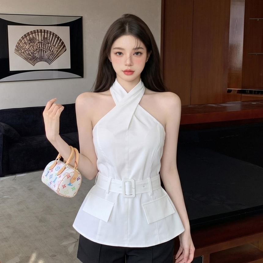 Halter Neck Plain Cross Tie Waist Top