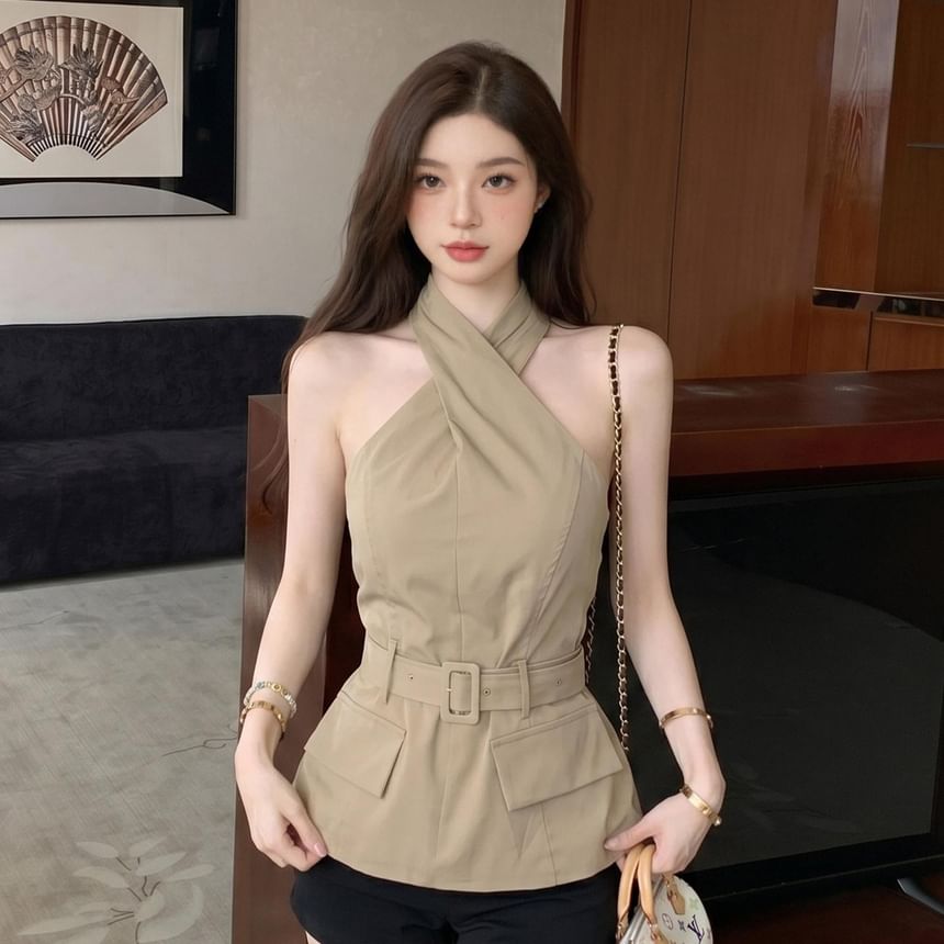 Halter Neck Plain Cross Tie Waist Top