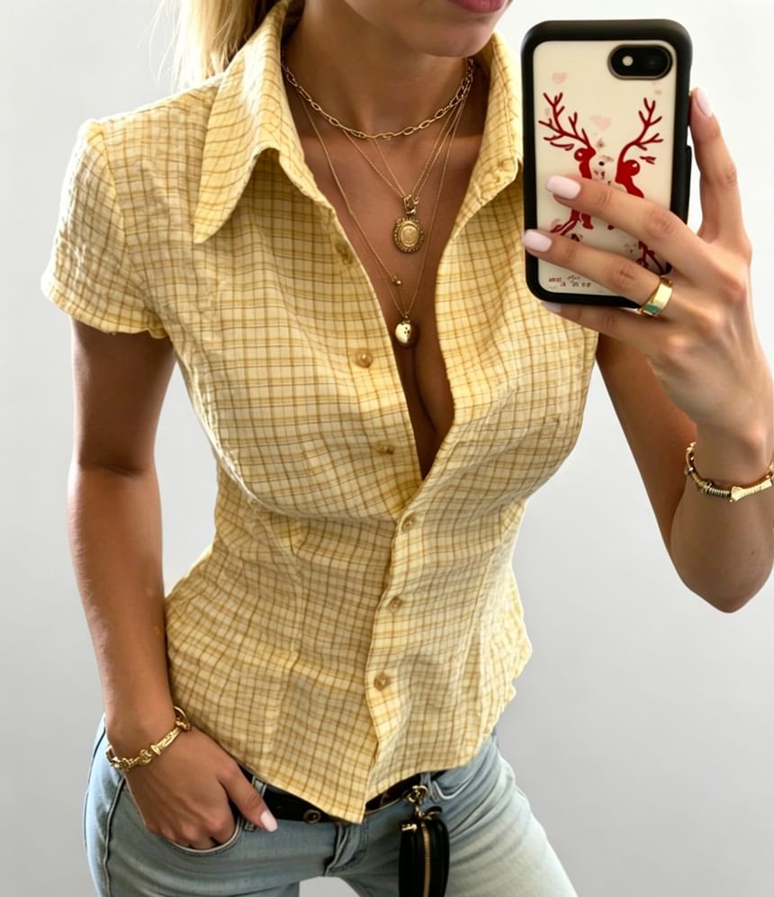 Gingham Slim-Fit Short Sleeve Shirt