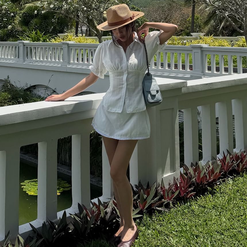 Puff Sleeve Blouse and Mini A-Line Skirt Set