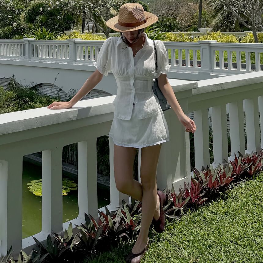 Puff Sleeve Blouse and Mini A-Line Skirt Set