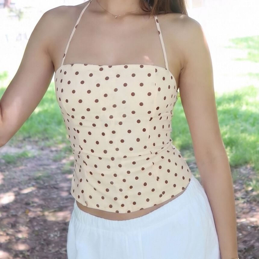 Halter Neck Polka Dot Slim Crop Camisole Top