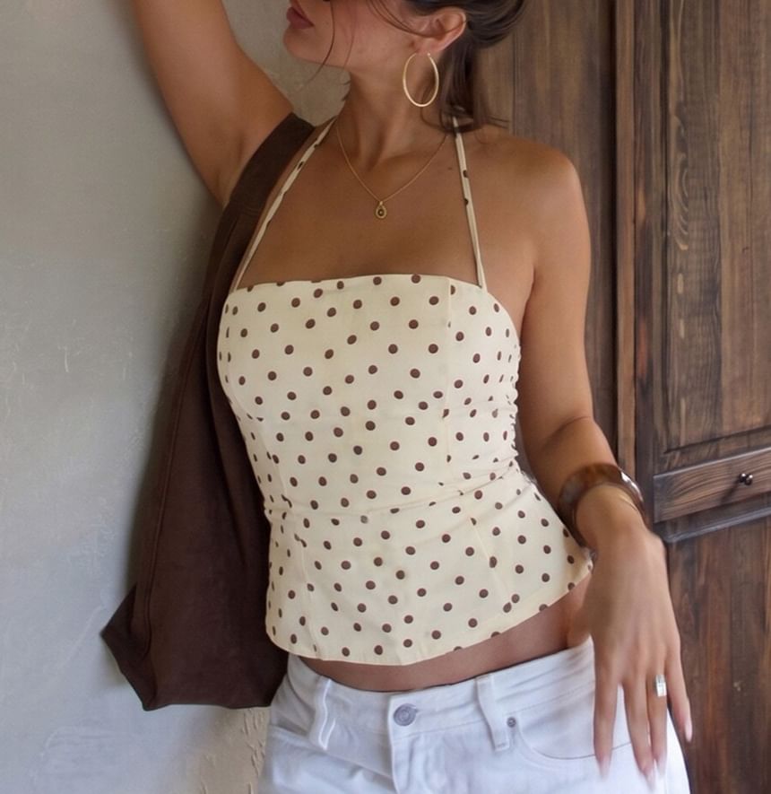 Halter Neck Polka Dot Slim Crop Camisole Top