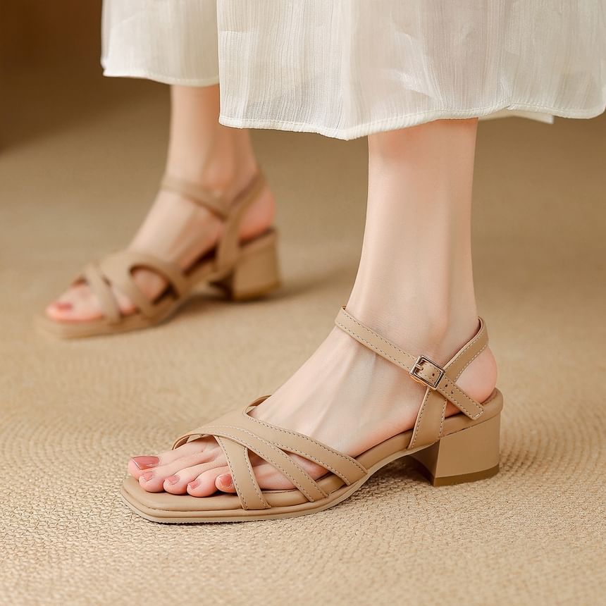 Chunky Heel Square Toe Plain Faux Leather Sandals