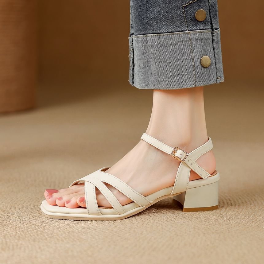 Chunky Heel Square Toe Plain Faux Leather Sandals