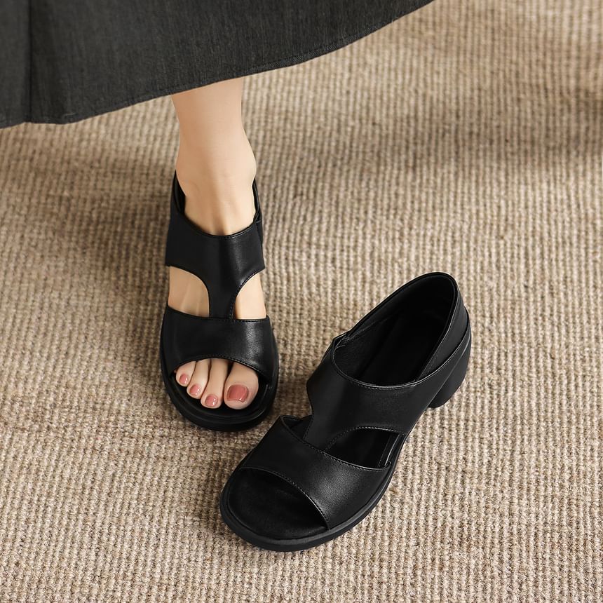 Chunky Heel Plain Faux Leather Sandals