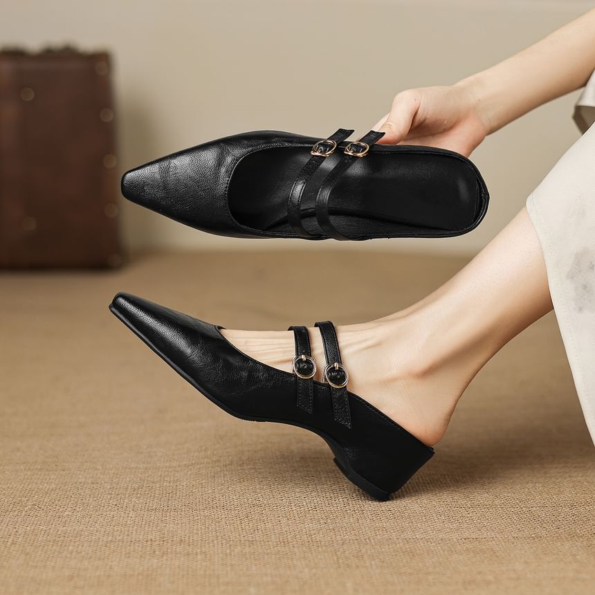 High Heel Pointed Toe Double Strap Plain Faux Leather Mary Jane Mules