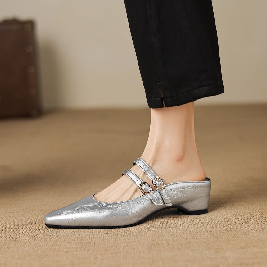 High Heel Pointed Toe Double Strap Plain Faux Leather Mary Jane Mules
