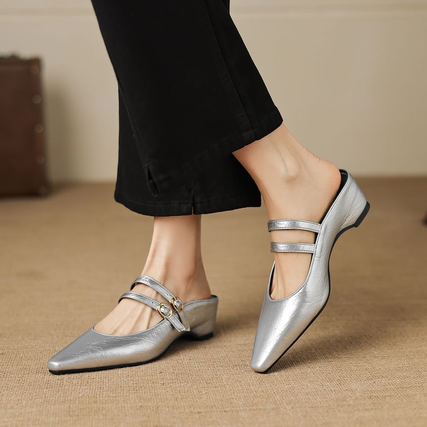 High Heel Pointed Toe Double Strap Plain Faux Leather Mary Jane Mules