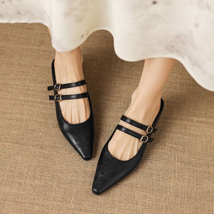 High Heel Pointed Toe Double Strap Plain Faux Leather Mary Jane Mules