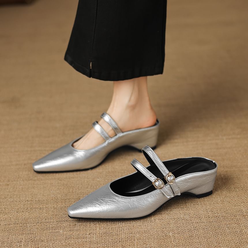 High Heel Pointed Toe Double Strap Plain Faux Leather Mary Jane Mules