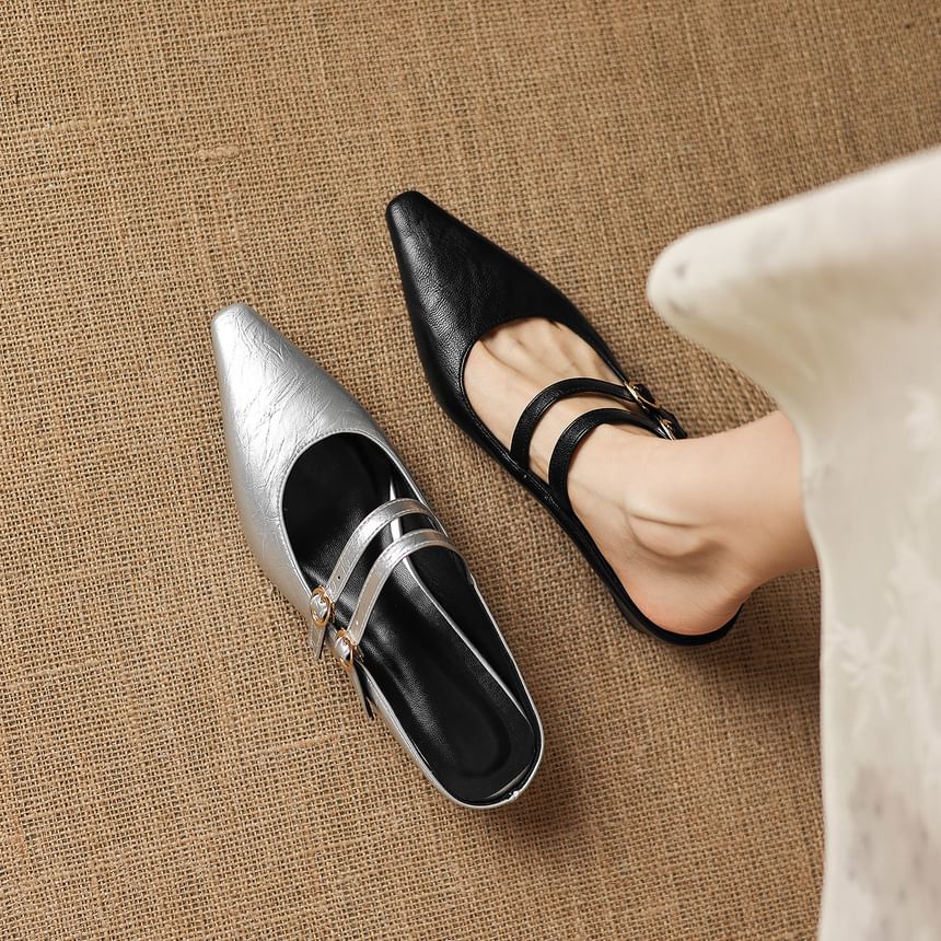 High Heel Pointed Toe Double Strap Plain Faux Leather Mary Jane Mules