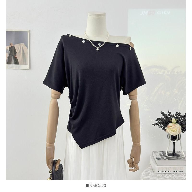 Off-Shoulder Embellished Asymmetrical Short-Sleeve T-Shirt