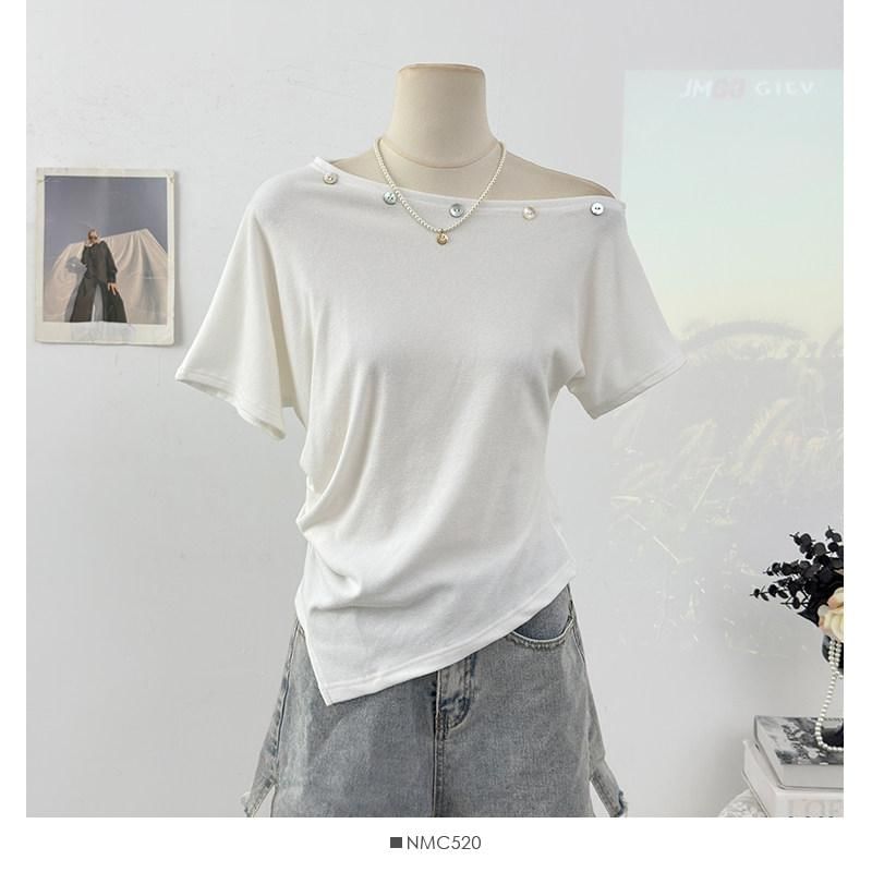 Off-Shoulder Embellished Asymmetrical Short-Sleeve T-Shirt