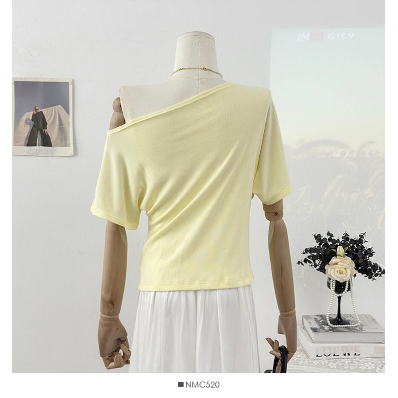 Off-Shoulder Embellished Asymmetrical Short-Sleeve T-Shirt