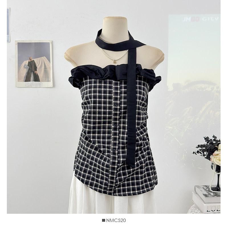 Strapless Ruffled Plaid Top & Twilly Set