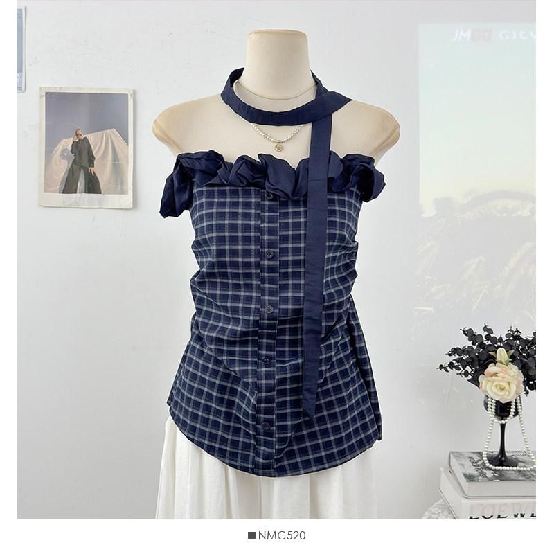 Strapless Ruffled Plaid Top & Twilly Set