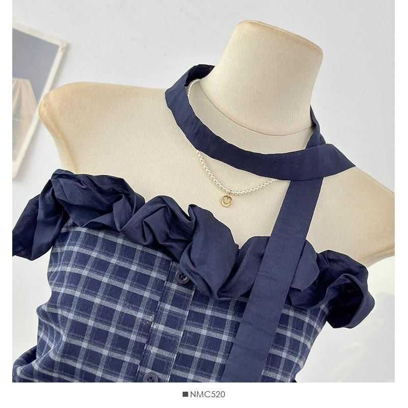 Strapless Ruffled Plaid Top & Twilly Set