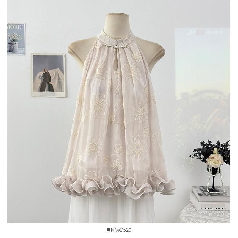 Sleeveless Floral Jacquard Ruffled Top
