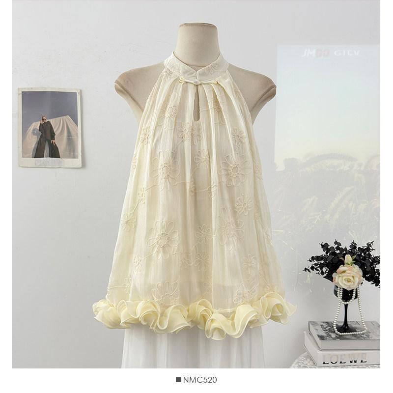 Sleeveless Floral Jacquard Ruffled Top
