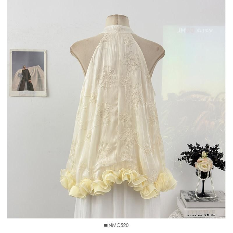 Sleeveless Floral Jacquard Ruffled Top