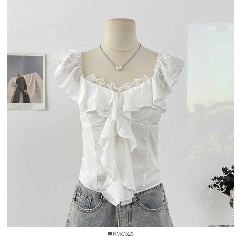 Cap-Sleeve V-Neck Ruffled Top