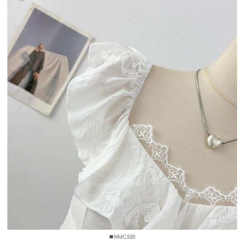 Cap-Sleeve V-Neck Ruffled Top