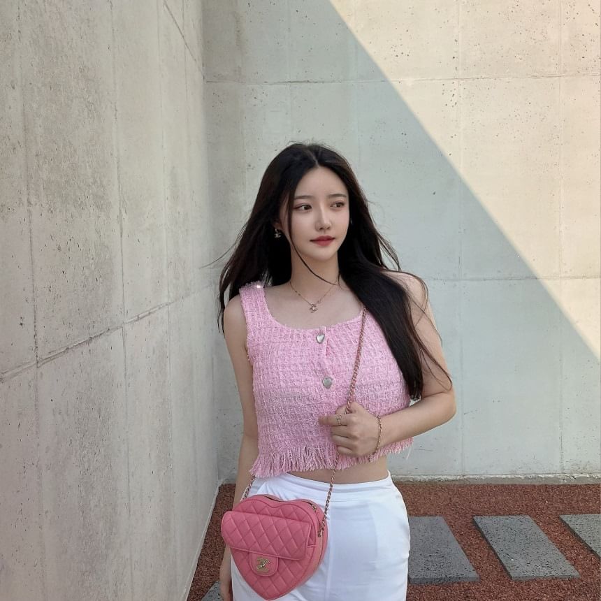 Tweed Tassel Round Neck Tank Top