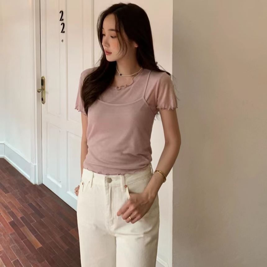 Ruffled-Trim Short Sleeve Top with Camisole Set