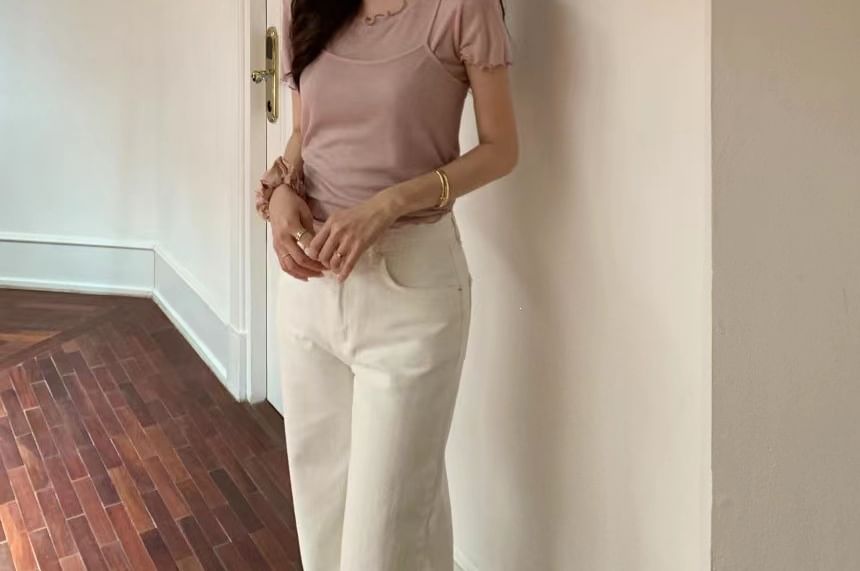 Ruffled-Trim Short Sleeve Top with Camisole Set