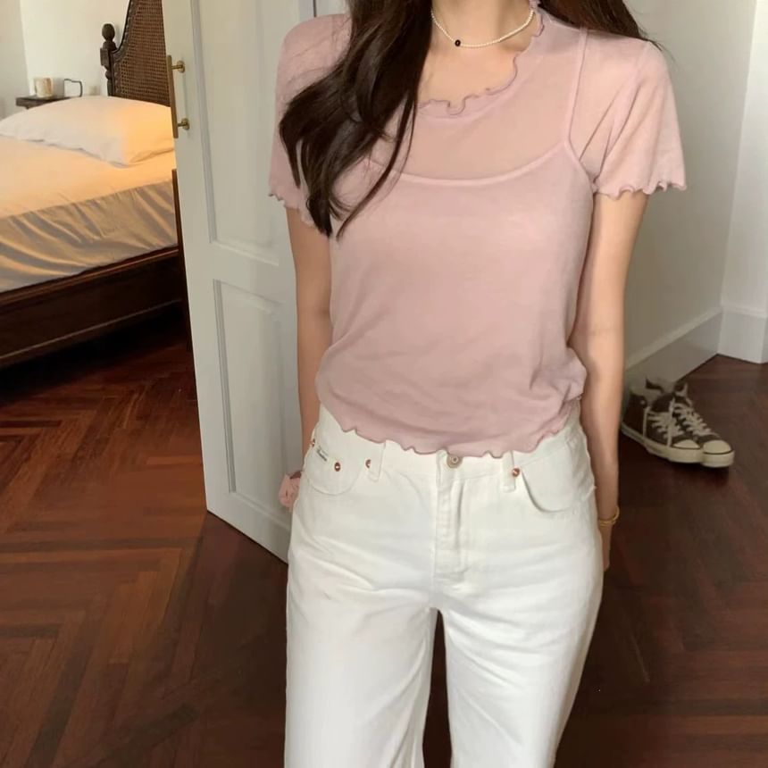 Ruffled-Trim Short Sleeve Top with Camisole Set